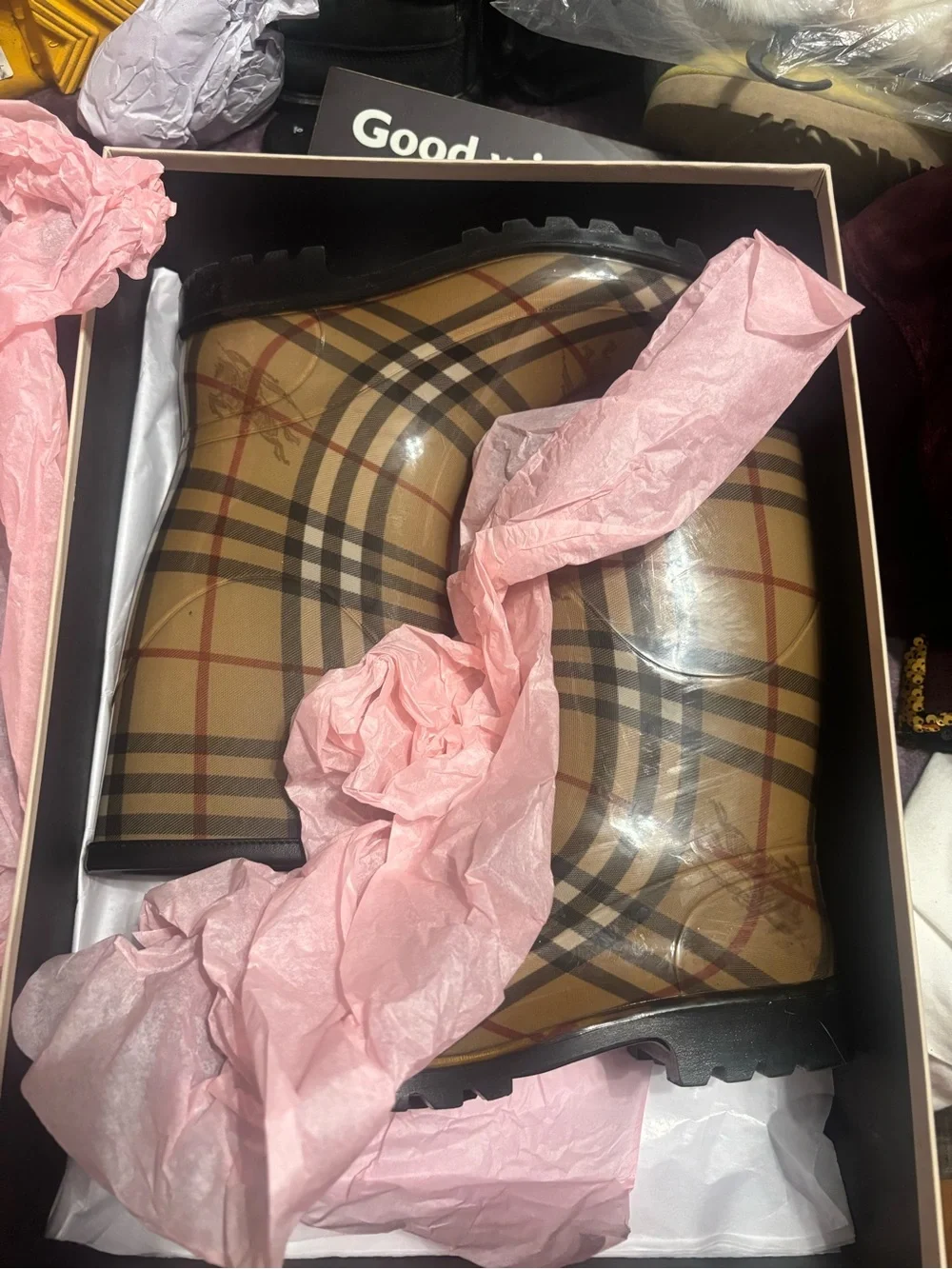 Burberry Classic Check Rubber Ankle Rain Boots in Beige/Tan